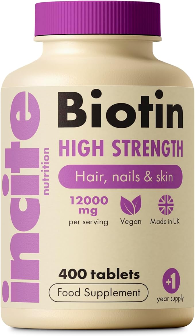 Incite Nutrition Biotin Supplement 12000mcg - +1 Year Supply - High Strength 400 Easy Swallow Tablets - Biotin Hair Growth Vitamins for Hair, Skin & Nails - Natural Vegan & GMO-Free - Made in UK