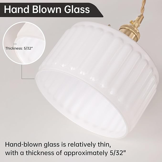 Shenmoyl Pendant Light with White Striped Glass Lmapshade, Brass Vintage Pendant Light Adjustable Hanging Light for Kitchen Island Dining Room Hallway
