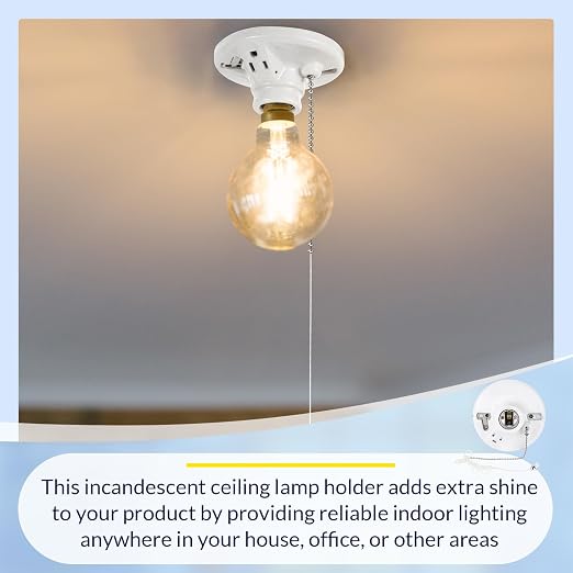 2 Pack Porcelain Light Socket with Outlet and Pull Chain Light Fixture, Bulb Socket with Grounded Outlet, E27/e26 Base, Porcelain Box Mount for Indoor Garage Closet Lighting