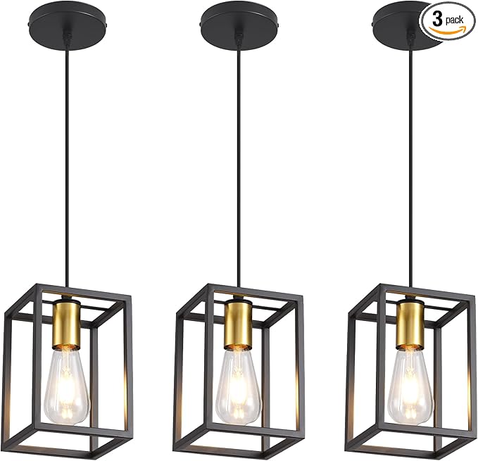 Black Pendant Lights for Kitchen Island Industrial Lantern Pendant Light Fixtures with Golden lamp Cup, Farmhouse Adjustable Height Hanging Pendant Lighting