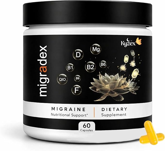 KYZEX Migradex Supplément de soutien pour les migraines – Magnésium (Bisglycinate et Oxyde) 200mg, Riboflavine (B2) 250mg, CoQ10, Vitamine D3, B6, Méthyl B12 et Folate 5-MTHF – 60 Gélules(1)