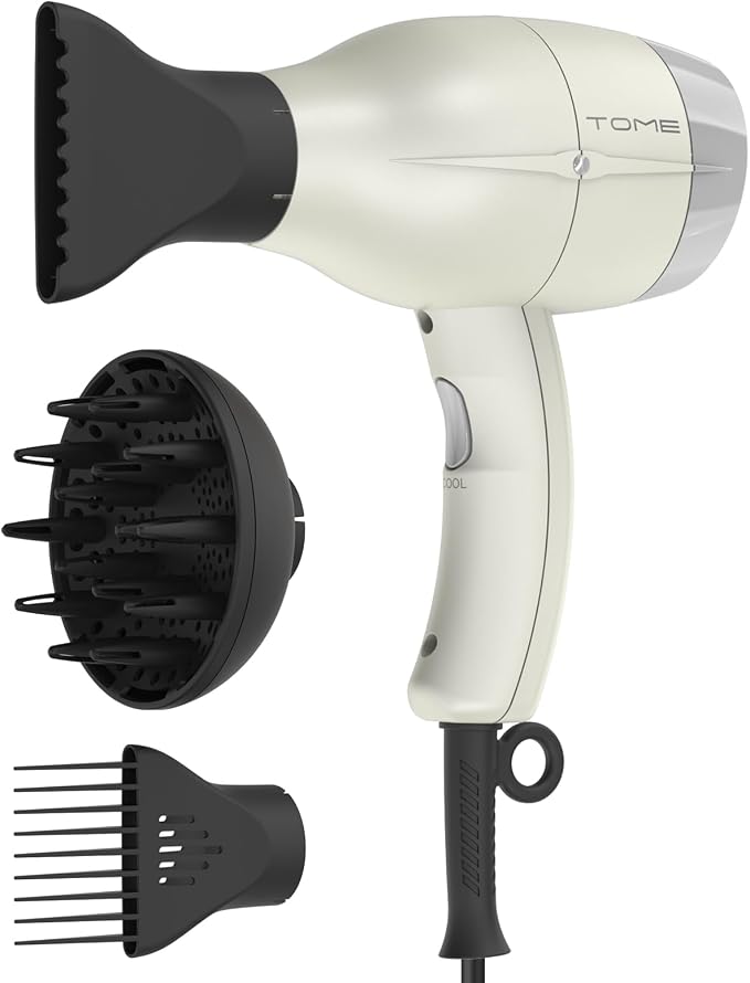 TOME Hair Dryer with Diffuser, 1875W Ionic Blow Dryer with Comb Attachment and Concentrator for Home Use, Fast Drying with Cool Shot and 2 Heat & 2 Speed Settings, 125V, White