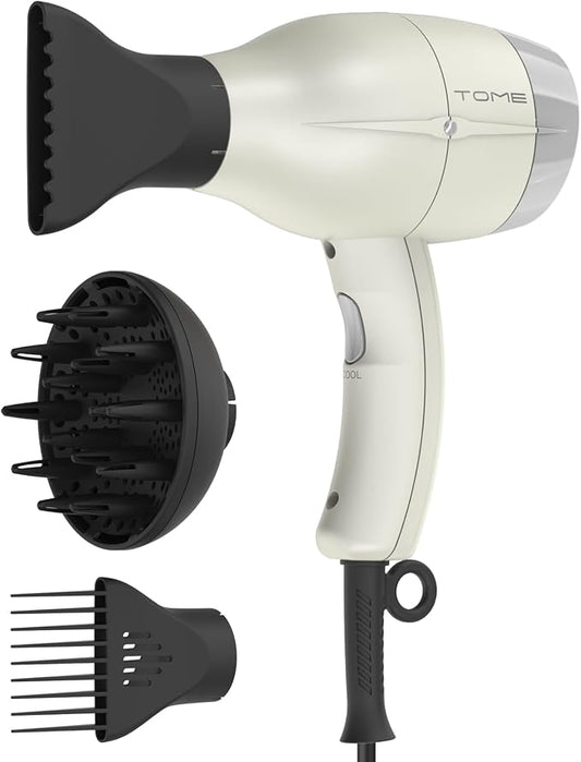 TOME Hair Dryer with Diffuser, 1875W Ionic Blow Dryer with Comb Attachment and Concentrator for Home Use, Fast Drying with Cool Shot and 2 Heat & 2 Speed Settings, 125V, White