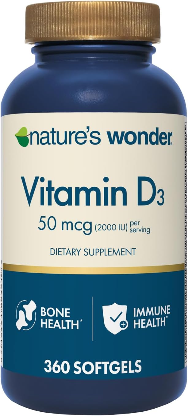 Nature's Wonder Vitamin D3 2000iu (50mcg), 1 Year Supply to Support Bone Health, Immune System, and Promotes Calcium Absorption, Gluten Free, 360 Softgels