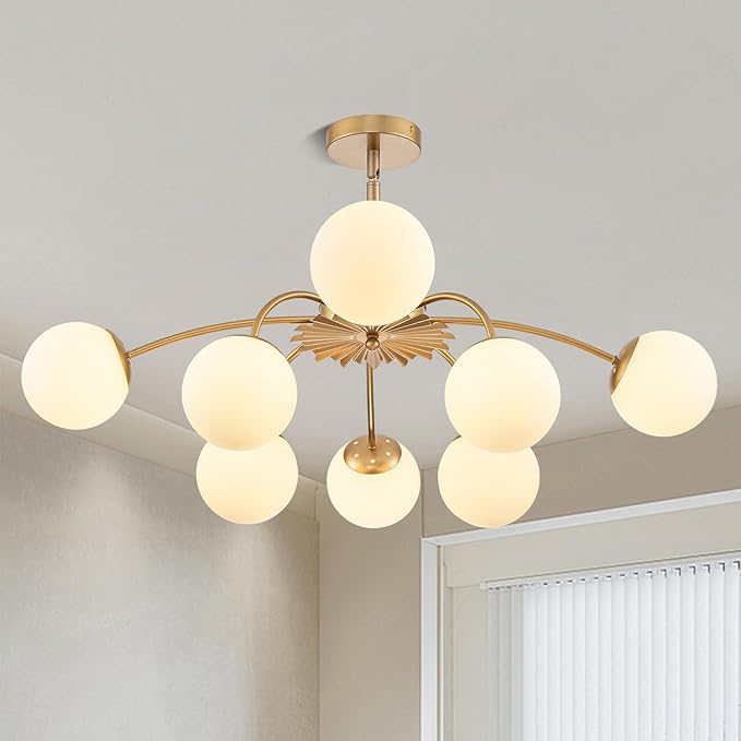 8-Light Milk Glass Pendant Light, 33" Sputnik Bubble Glass Chandelier Light Fixture, Hand Blown Semi Flush Mount Ceiling Chandeliers Lighting for Dining Room, Living Room (Gold, 8-Light Chandelier)