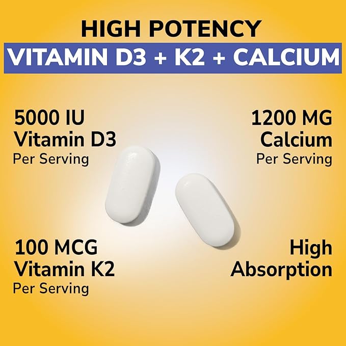 Complément D3 K2 Calcium pour Femmes et Hommes, Vitamine D3 5000 UI, Calcium 1200 mg, MK-7, Haute Absorption, pour des os, des dents, un cœur et un système immunitaire solides, 60 Comprimés