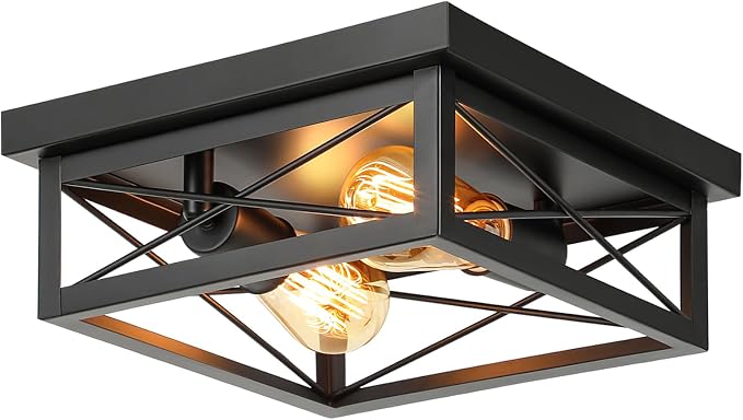 Kondras 2-Light Farmhouse Ceiling Light Fixture, Industrial Square Flush Mount Ceiling Light, Modern Black Metal Hallway Ceiling Lighting Fixture for Kitchen Entryway Living Room Bathroom Porch