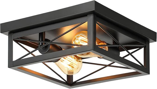 Kondras 2-Light Farmhouse Ceiling Light Fixture, Industrial Square Flush Mount Ceiling Light, Modern Black Metal Hallway Ceiling Lighting Fixture for Kitchen Entryway Living Room Bathroom Porch