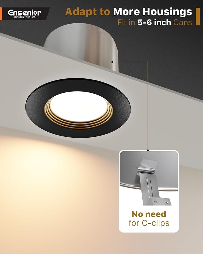 Ensenior 5/6 Inch 5CCT LED Can Lights 4 Pack, Retrofit Led Recessed Lighting, Baffle Trim, Dimmable, 9W=110W, 1000LM, 2700K/3000K/3500K/4000K/5000K Selectable, IC Rated, Black - ETL & FCC