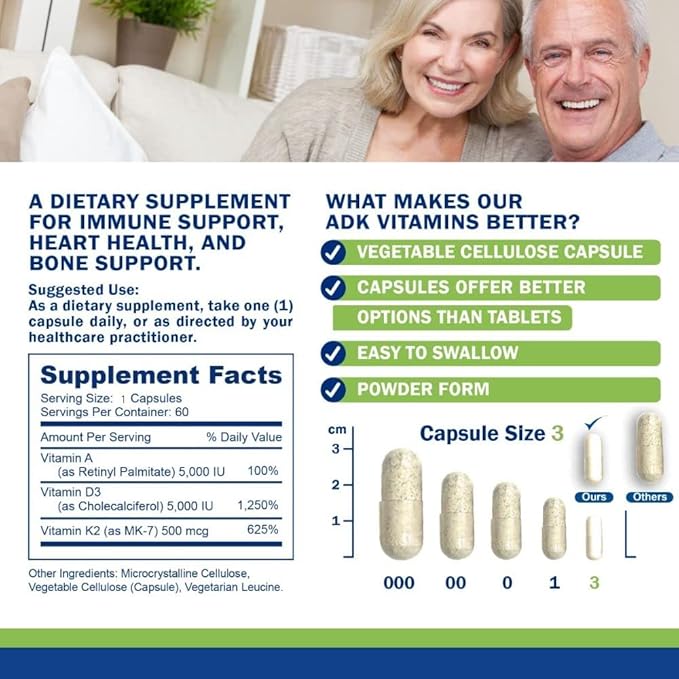 Power By Naturals Complément de Vitamines ADK – Mélange Hautement Dosé de Vitamines A, D3 5000 UI et K2 MK7 pour la Santé Osseuse – Complément de Vitamines A D K – 60 Gélules (2 Mois d'Approvisionnement)