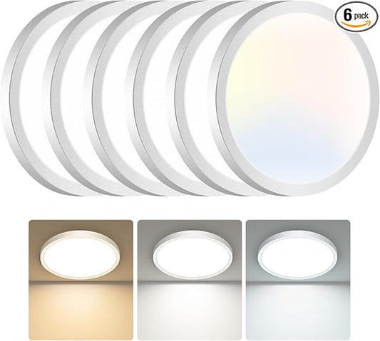 hepside 6PACK Flush Mount LED Ceiling Light Fixture White, 6.5Inch 12Watt, Dimmable & 3000K-4000K-6500K Ceiling Lamp 1200LM Low Profile Ceiling Light for Kitchen Bedroom Hallway Porch