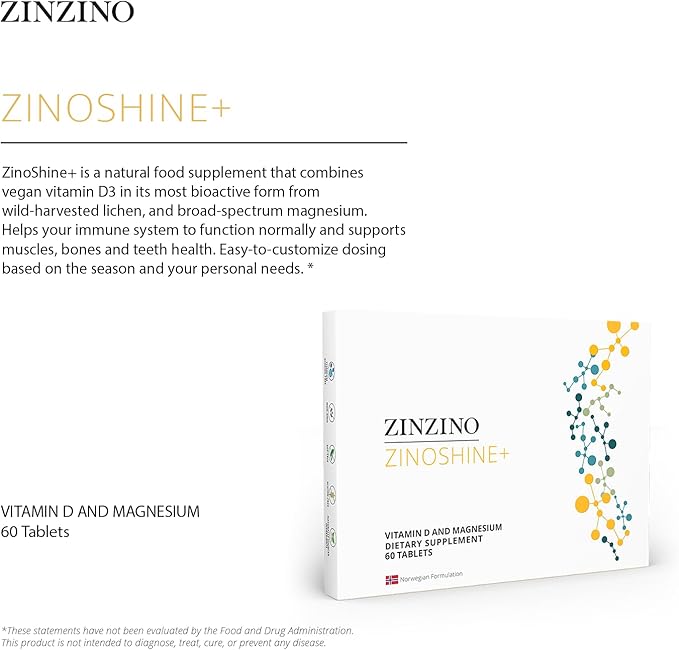 ZinoShine+ - Complément Vitamine D3 & Magnésium pour le Soutien Immunitaire, l'Énergie, la Santé Musculaire, des Os et des Dents - Réduit la Fatigue - 60 Comprimés