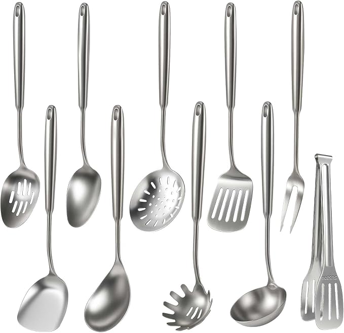 Newness 10 Pcs Cooking Utensils Set,18/8 304 Stainless Steel Kitchen Utensils Set, Metal Kitchen Accessories, Include Soup Ladle, Slotted Skimmer Spoon, Spaghetti Spoon, Spatula, Tongs,Dishwasher Safe