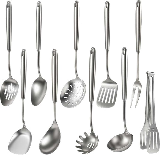 Newness 10 Pcs Cooking Utensils Set,18/8 304 Stainless Steel Kitchen Utensils Set, Metal Kitchen Accessories, Include Soup Ladle, Slotted Skimmer Spoon, Spaghetti Spoon, Spatula, Tongs,Dishwasher Safe