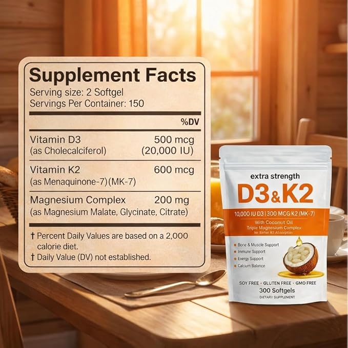 Vitamin D3 K2 Magnesium Complex, Extra Strength D3 & K2 with Triple Magnesium Softgels, D3 K2 Vitamin 10000 IU Softgels(1)