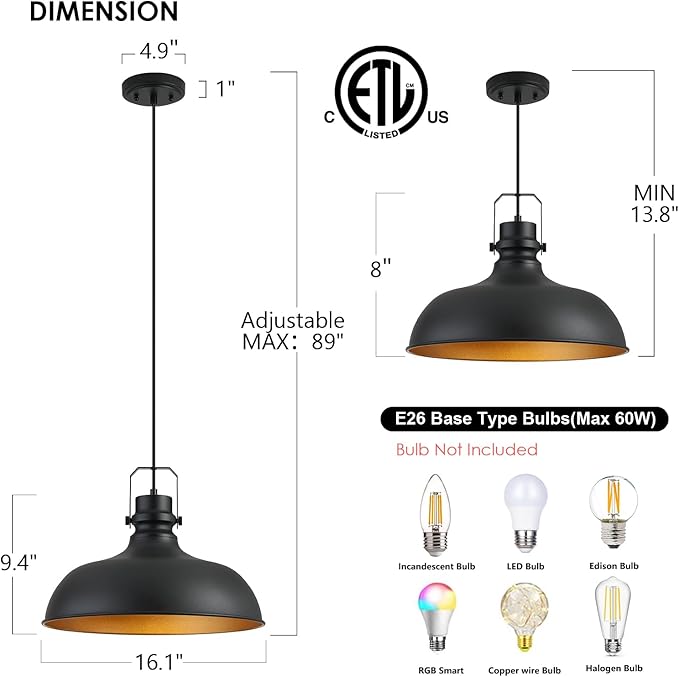 Black Farmhouse Pendant Lights 16 Inch Matte Pendant Lighting for Kitchen Island Industrial Adjustable Height Vintage Dome Hanging Light Fixtures for Barn, Dining Room 2 Packs