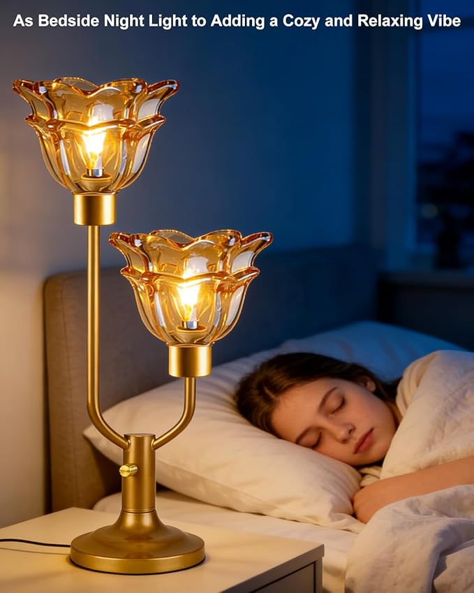 Lightdot Mid Century Modern Flower Table Lamp for Living Room Dimmable Nightstand Lamp Amber Glass Vintage Gold Desk Lamp 2 Bulbs Included Warmwhite Ambient Bedside Lamp for Bedroom Home Office Decor