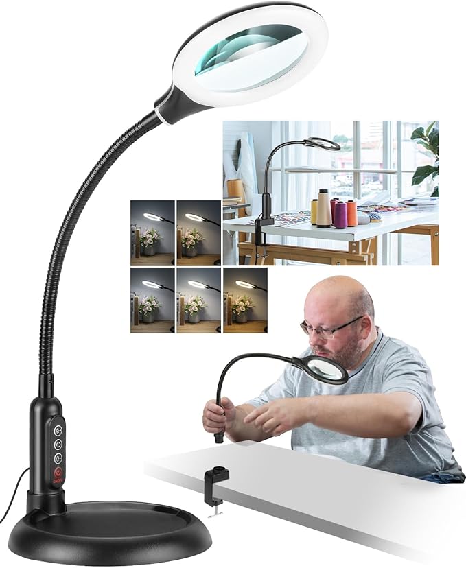 12X Magnifying Glass with Light and Stand, Real Glass, LED 5 Color Modes, Brightness Stepless Dimming Lighted Magnifier Hands Free with Flexible Gooseneck Desk Clamp Lamp for Close Work, Craft, Hobby