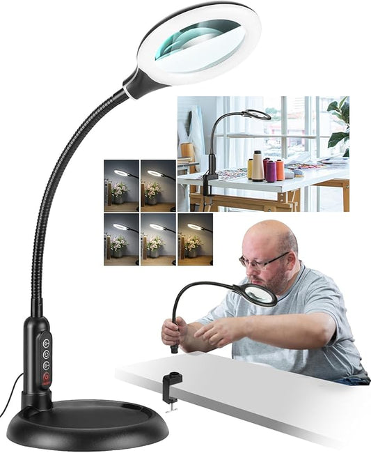 12X Magnifying Glass with Light and Stand, Real Glass, LED 5 Color Modes, Brightness Stepless Dimming Lighted Magnifier Hands Free with Flexible Gooseneck Desk Clamp Lamp for Close Work, Craft, Hobby