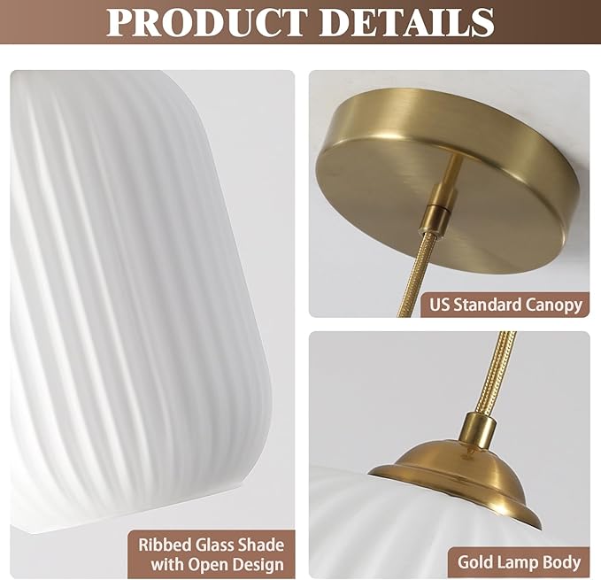 KCO Lighting Mid Century Modern White Oval Glass Gold Pendant Light Nordic 1-Light Brushed Brass Dining Pendant Lights Mini Globe Hanging Kitchen Island Lighting Fixtures