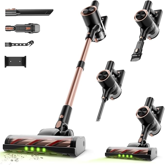 Cordless Stick Vacuum Cleaner - 40KPA Powerful Suction Vacuum with 45 Min Runtime, Detachable Battery, Anti-Tangle & 1.5L Dust Cup, 8 in 1 Vacuum Cleaner for Pet Hair, Carpet, HardFloor, Gold