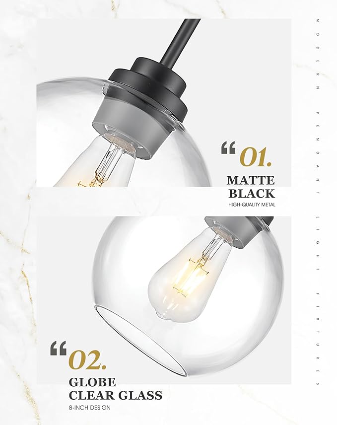 2 Pack Pendant Lights Kitchen Island, 8" Black Pendant Light Fixtures with Globe Clear Glass Shade, Modern Kitchen Island Lighting for Bathroom, AD-22280-2PL-BK
