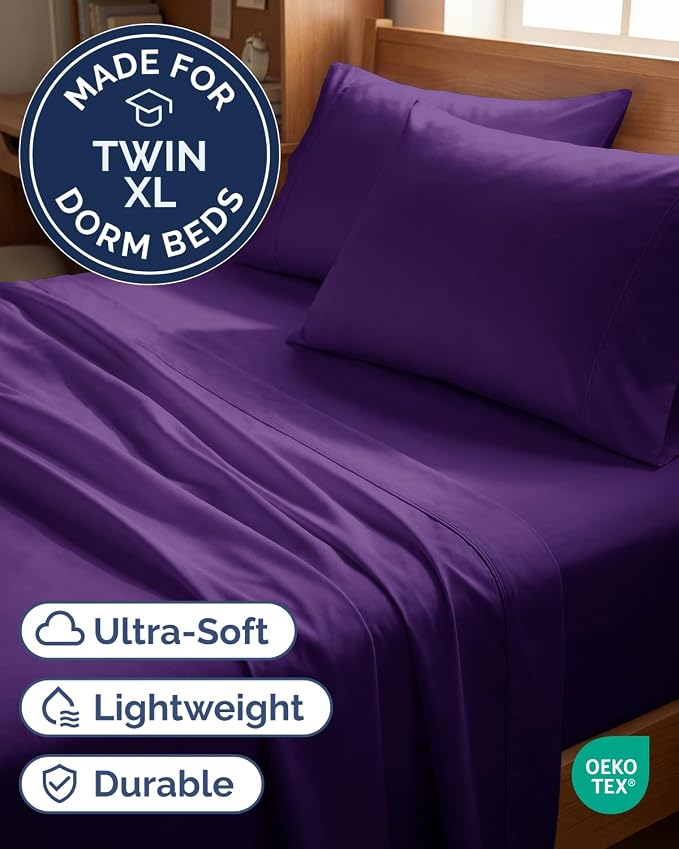 Twin XL 4 Piece Sheet Set - Comfy Breathable & Cooling - Ultra-Soft Hotel Luxury Bedding Set with 8-16 Inch Deep Pockets - 1 Flat & 1 Fitted Sheet & 2 Pillowcases - Wrinkle Free & Easy Care - Purple