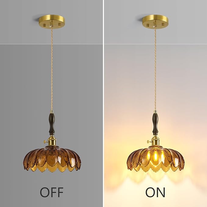 Modern Tawny Glass Pendant Light Retro Flower Glass Hanging Lamp Gold Brass Decorative Adjustable Ceiling Hanging Light Suitable for Kitchen Island Bedroom Dining Room Living Room