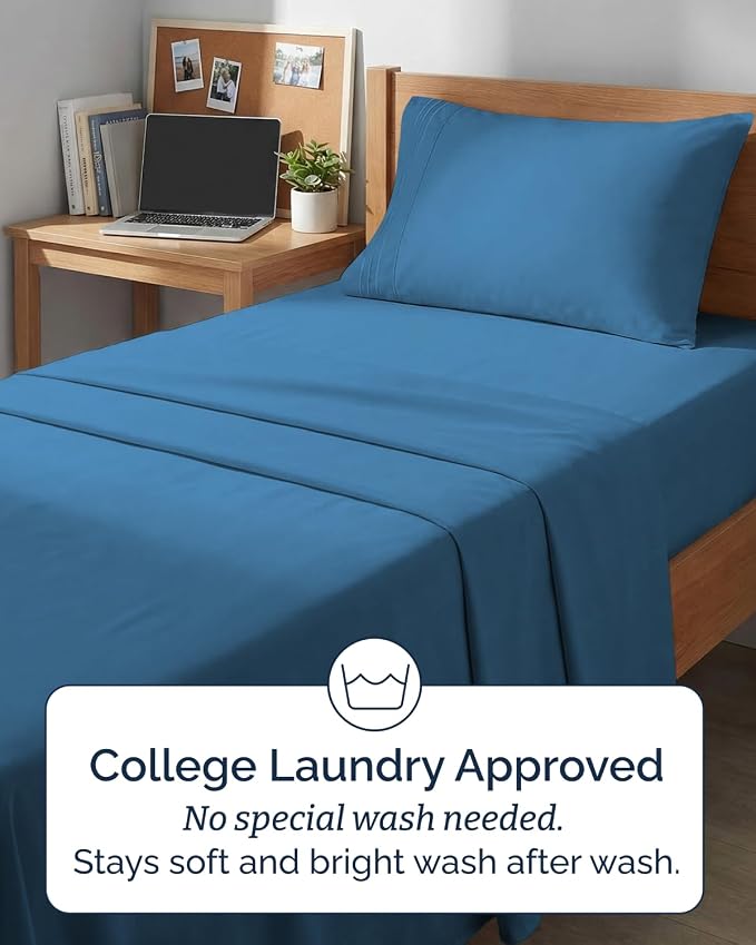 Twin XL 4 Piece Sheet Set - Comfy Breathable & Cooling - Ultra Soft Hotel Luxury Bedding Set w/ 8-16 Inch Deep Pockets - 1 Flat & 1 Fitted Sheet & 2 Pillowcases - Wrinkle Free & Easy Care - Denim Blue