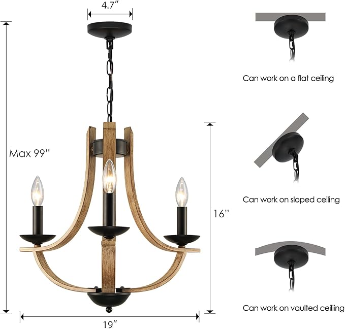 LAMPKEDUO Farmhouse Chandelier for Dining Room 3-Light 19" Wide Adjustable Kitchen Island Pendant Lighting, Rustic Hanging Light Fixture for Entryway Foyer Bedroom Living Room,