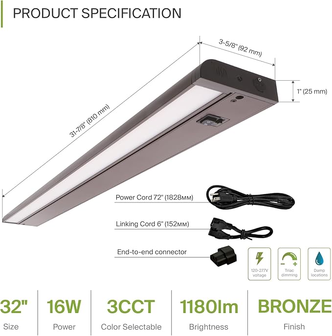 ASD Swivel LED Under Cabinet Lighting Plug in or Hardwired 32 Inch, Dimmable Under Cabinet Lights with High/Low/Off Switch, 3CCT 2700K-4000K, Linkable Under Counter Lights for Kitchen, Bronze, ETL