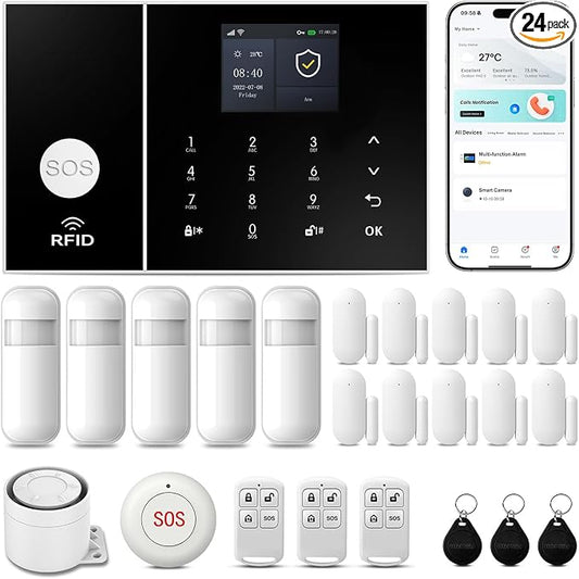 Wireless Alarm System for Home Security,24Pcs WiFi+GSM/4G Home Alarm System with Loud Alarm Security System,SOS Button,Window Alarms, APP Control,Motion Sensors,Compatible with Alexa,NO Monthly Fee