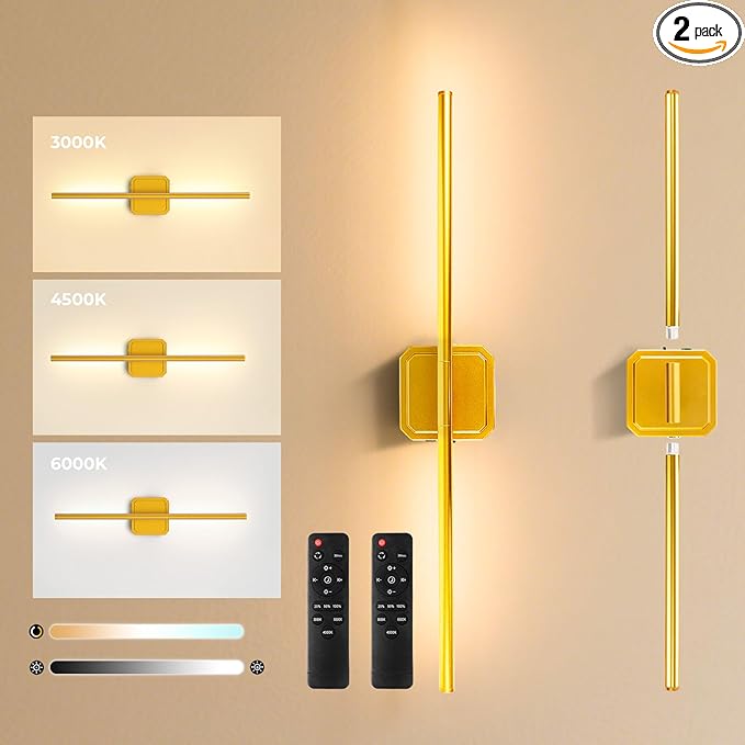 GvvooHome Battery Operated Wall Sconces Set of 2, Wall Lamps Detachable 360°Rotate, 3000-6500K Dimmable with Remote Control, 10000mAh Rechargeable Wall Lights for Bedroom, Living Room 28.3" Gold
