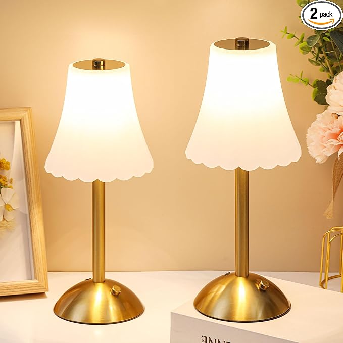 Liliful 2 Pcs Cordless Table Lamp Rechargeable Touch LED Small Gold Portable Battery Operated USB-c Desk Lamp 3 Color Dimmable for Bedroom Living Room Dining (Gold,Frosted Rose Style)