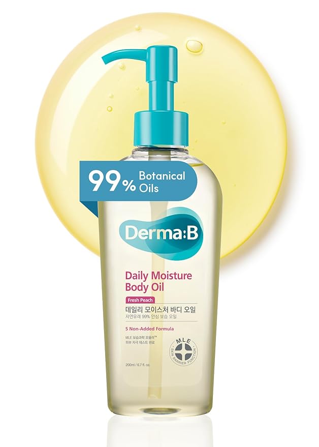 Derma B | デイリーモイスチャーボディオイル | 99%天然アルガン＆スイートアーモンドオイル | 乾燥性敏感肌用シャワーオイル | 軽くて長時間潤う | ピーチの香り付きスキンボディケアオイル | 200ml