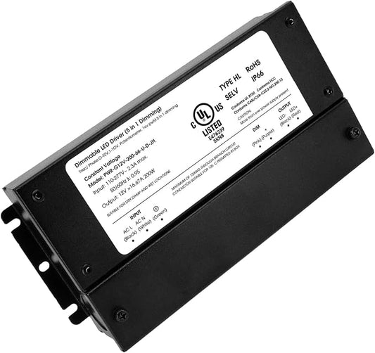 HitLights 200W Dimmable LED Driver, Electronic Transformer, 120V AC to 12V DC Power Supply for LED Strip Light, IP66 Rated, Dimming with TRIAC, 0-10V, 1-10V, Potentiometer, 10V PWM, UL Listed, Class 2