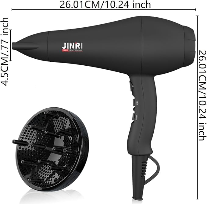 JINRI Hair Dryer, 1875W, 3 Heat & 2 Speed, with Diffuser, with Concentrator, Ionic Technology & Infrared - Black, Detachable Air Intake, Non-Foldable, Hanging Strap, 125V, JR-104D