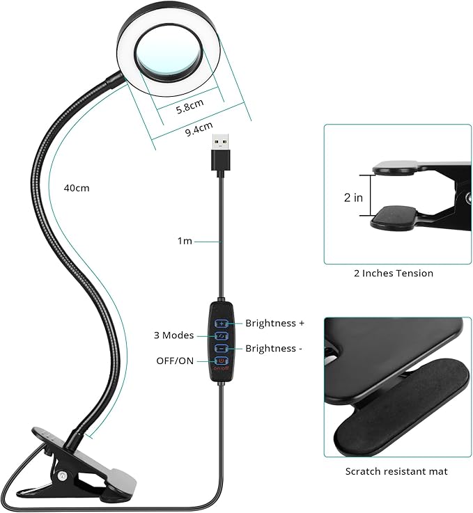 Woputne Desk Lamp with 5X Magnifying Glass,3 Color Modes 10 Brightness Levels,Reading Light Eye-Caring,Flexible Gooseneck Clip On Light with 5V/2A Adapter for Home Office Craft Close Work
