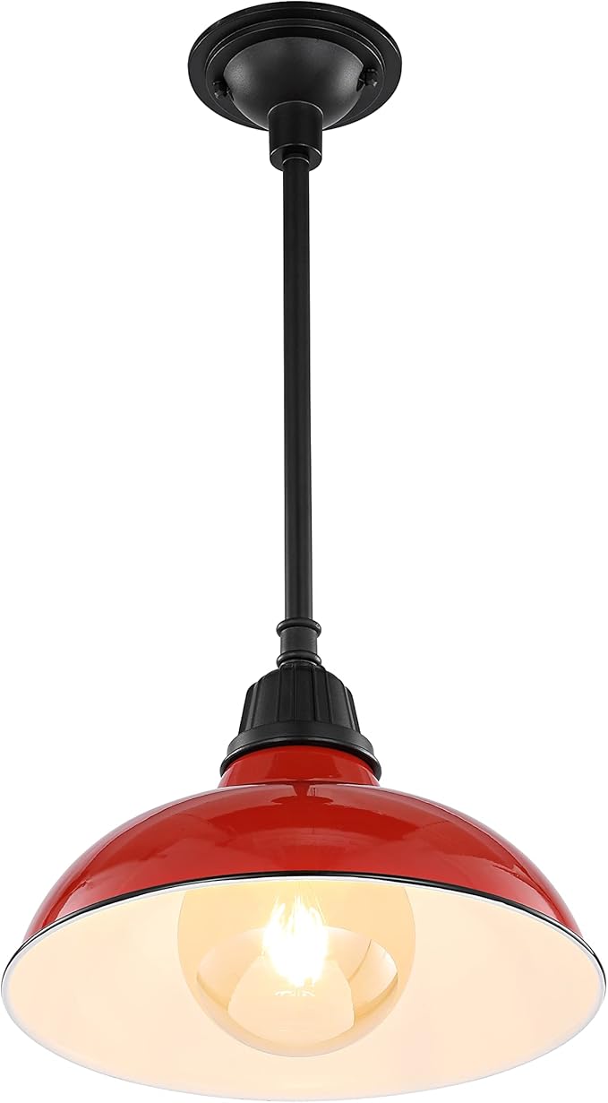 JONATHAN Y 12.25" Red/Black 1-Light Farmhouse Indoor/Outdoor LED Pendant Iron Hanging Light, and Black Metal Shade, Rustic Ceiling Lamp for Kitchen Island, LED Bulb Included (JYL7611E)