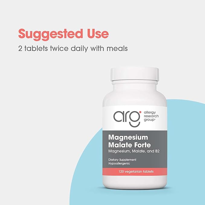 Allergy Research Group Magnesium Malate Forte – Complément Alimentaire, Magnésium et Acide Malique, Soutien Énergétique, Vitamine B2, Comprimés Végétariens – 120 Comprimés