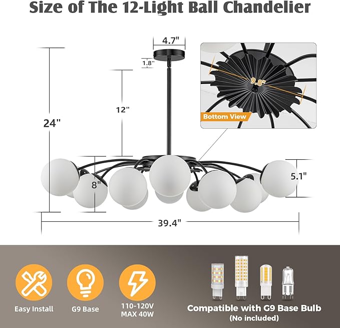 12-Light Milk Glass Pendant Light, 40" Sputnik Bubble Glass Chandelier Light Fixture, Hand Blown Semi Flush Mount Ceiling Chandeliers Lighting for Dining Room, Living Room (Black, 12-Light Chandelier)