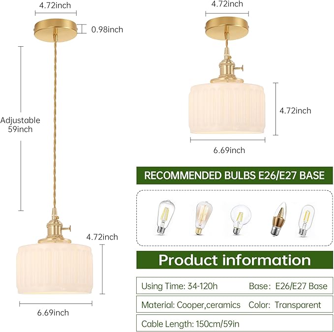 Shenmoyl Battery Operated Pendant Light 5000mAh Rechargeable Chandelier with Remote Control Wireless Adjustable Hanging White Striped Light for Kitchen Island Dining Room Hallway, 2 Pack