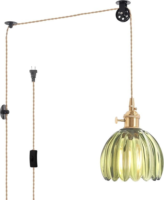 Shenmoyl Plug in Pendant Light Hanging Light Fixture Corded On/Off Switch Brass Pendant Light with Green Tulip Glass Lampshade for Bedroom Living Room Kitchen Island