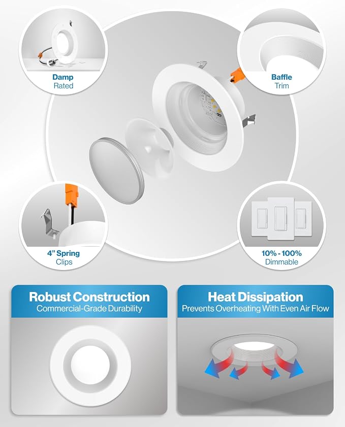Sunco 10 Pack 4 Inch LED Recessed Lights, Retrofit Can Light for Ceiling, Baffle Trim, 660 LM, 11W (60W Equivalent), 6000K Daylight Deluxe, Dimmable, Damp Rated ETL.