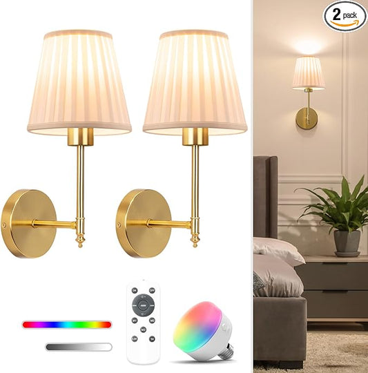 NIORSUN 14.5 inch Battery Operated Wall Sconce Set of 2,Beige Gold Rechargeable Wall Lights with 10400mAh Dimmable Bulbs and Remote,10 Colors Wireless Wall Lamps for Bedroom Living Room