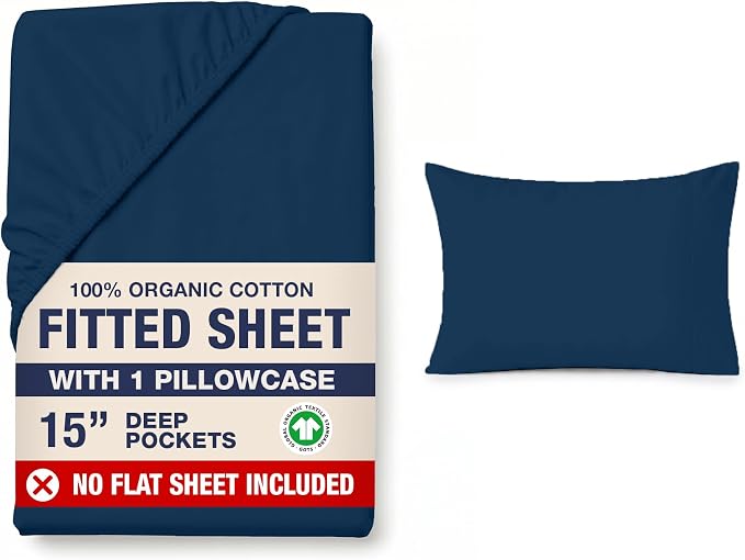 LANE LINEN 100% Organic Cotton Fitted Sheet Twin Size Set (No Flat Sheet) - Soft & Breathable Percale Weave Fitted Sheet Set - 15'' Deep Pocket For Snug Fit - GOTS Certified - Navy