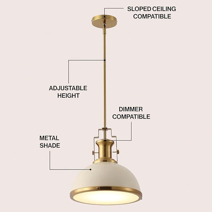 JONATHAN Y JYL9536F 13" Modern Industrial Dome Pendant Light, Farmhouse Hanging Light Fixture in Almond and Brass Gold, Adjustable Height Metal Lighting for Kitchen Island, Dining Room, Entryway