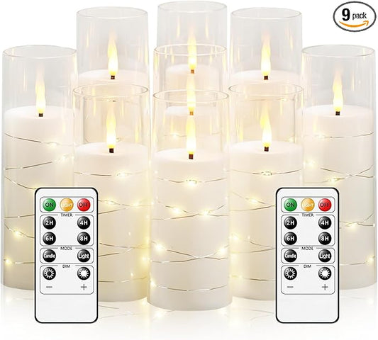 kakoya Flameless LED Candles with Timer 9 Pc Flickering Flameless Candles for Romantic Ambiance and Home Decoration Stable Acrylic Shell,with Embedded Star String，Battery Operated Candles（White）