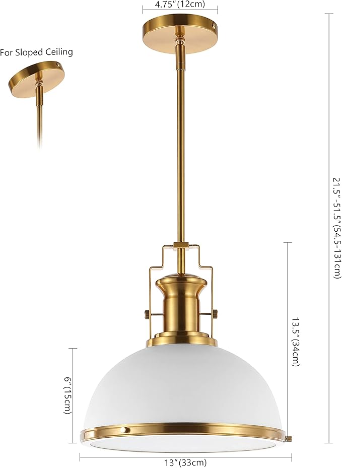 JONATHAN Y 13" Brass Gold/White Modern Industrial Iron LED Dome Pendant Light, Adjustable Hanging Fixture for Kitchen Island or Entryway, White Metal Shade, LED Bulb Included (JYL9536D)