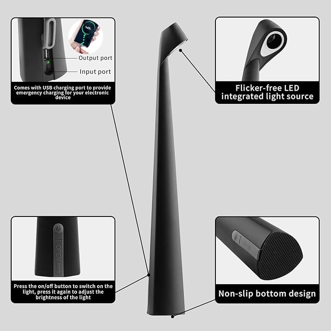 HAPYGI Portable Cordless LED Desk Lamp,Rechargeable Wireless Table Lamp, 3-Level Brightness, Patio Table Lamp, Bedside Night Light, Dining Room Ambient Light, Reading Light (Black)